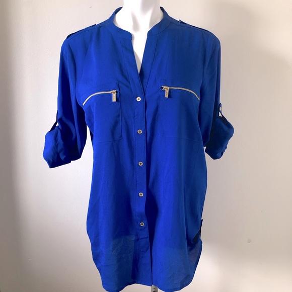 Calvin Klein Tops - Calvin Klein Cobalt Blue Mandarin Collar V Neck Blouse Size Medium